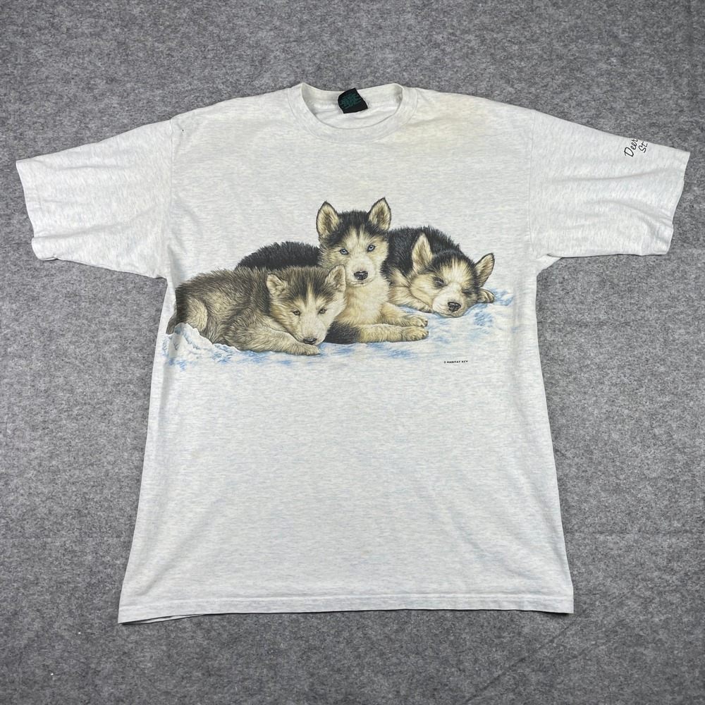Habitat T Shirt Mens XXL Grey Husky Puppy 1995 Deer Ranch St Ignace Made In USA